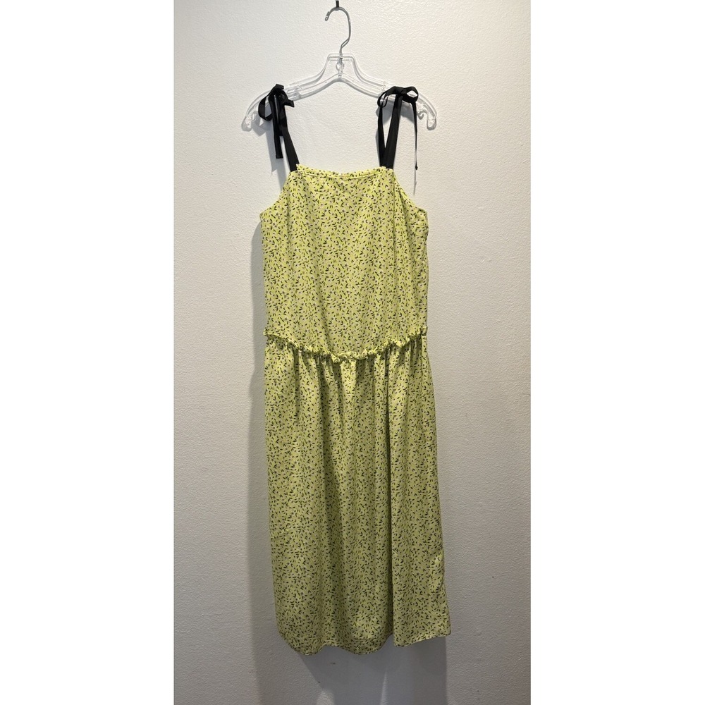 Topshop Midi Dress Size US4 Bright Lime Floral Print Tie Shoulder Drop Waist